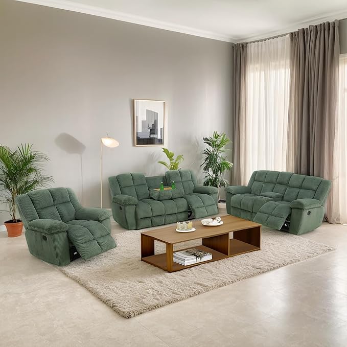 Manual Recliner Sofa Set,Corduroy Reclining Couch Set,Modern Living Room Furniture Set,Reclining Sofa Couch Chair for Living Room Home Office(Green,3 Pieces Set)