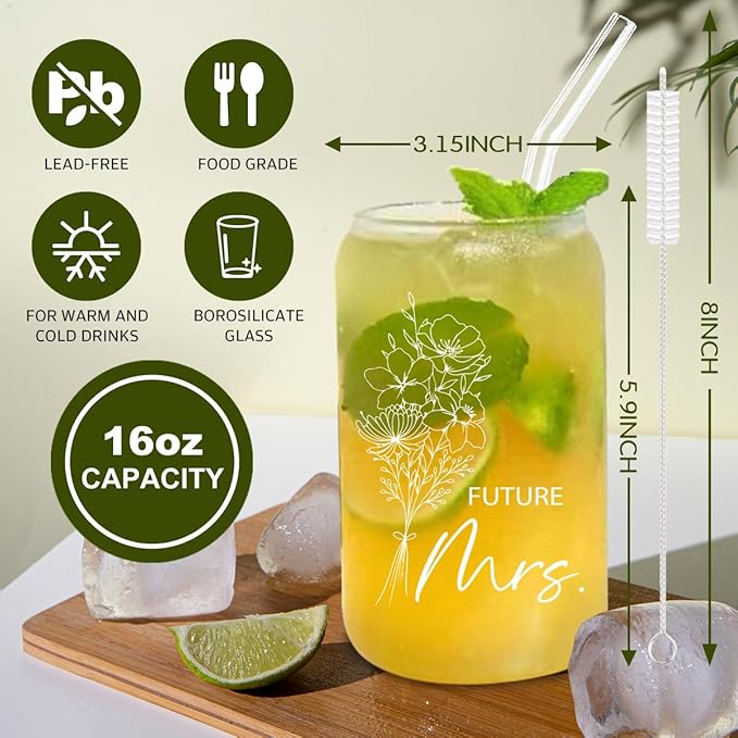 Engagement Gifts for Women, Bride To Be Gifts - Future Mrs Cup 16oz Glass Cup with Lid and Straw
