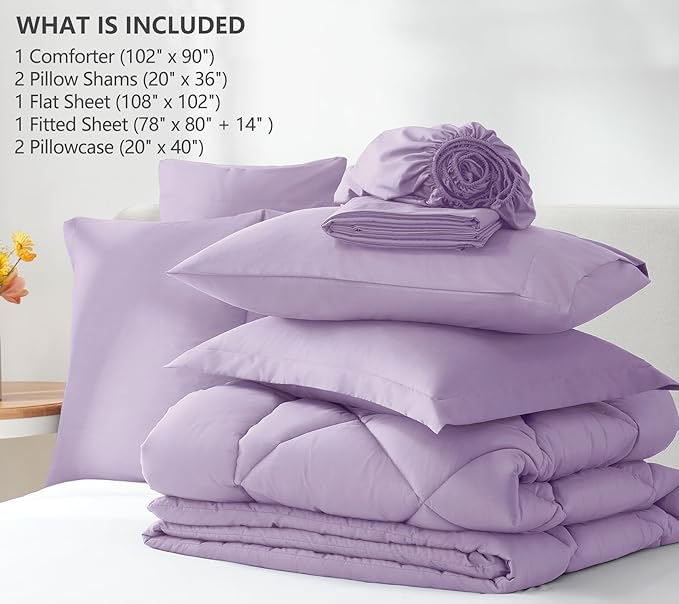 CozyLux King Size Comforter Set Light Purple - 7 Pieces Bed in a Bag King, Luxury Soft Lavender Bed Set for All Seasons, Bedding Set with Down Alternative Comforter, Sheets, Pillowcases & Shams