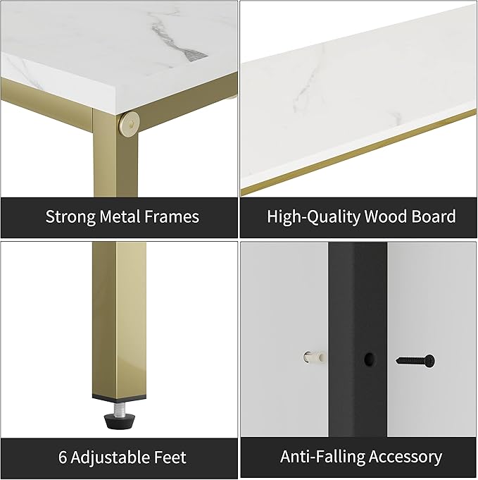 63 Inch Console Table with Power Outlet,Modern Narrow Long Sofa Table Behind Couch,Skinny Entry Table with Gold Metal Frame for Entryway,Living Room, Hallway,Marble White