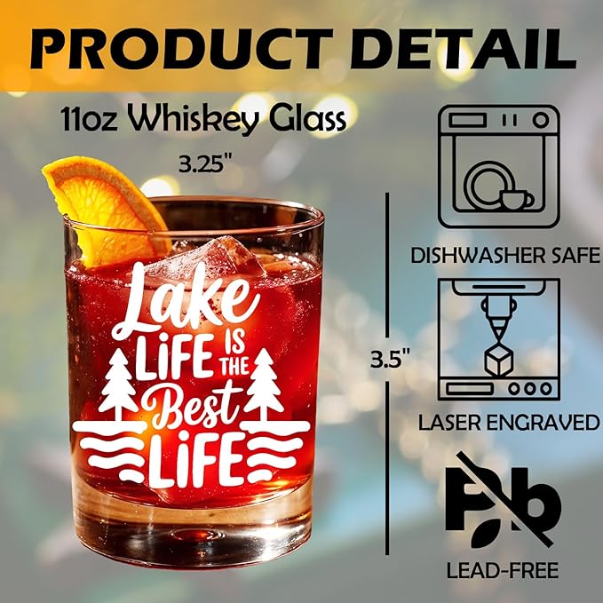 Lake Life Gifts Old Fashioned Whiskey Glasses, Gifts for Lake Lovers, Lakes Life Is The Best 10 oz Rocks Barware Cup for Cocktail Drinks Scotch Bourbon Liquor