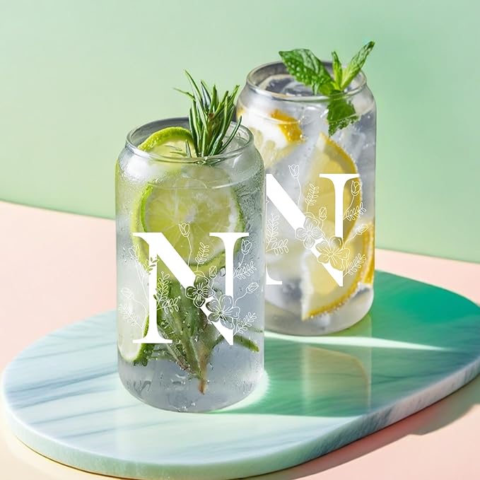 Unique Initial Glass Cup with Lids and Straws, Monogrammed Gifts Box Included Makeup Bag, Christmas Birthday Gifts for Women Mom Sister Grandma, N