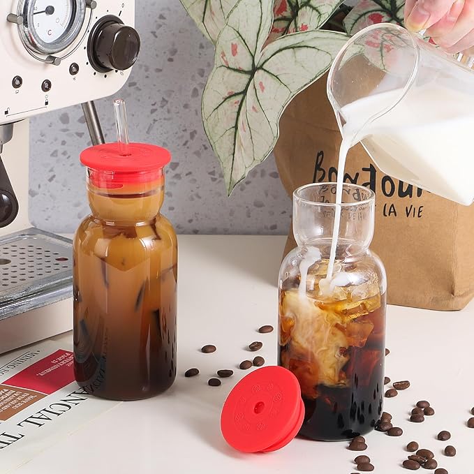 17 oz Glass Cup with Lid and Straw, Glass Tumbler with Straw and Lid, Vintage Glassware for Whiskey Cocktail Beer Juice, Iced Coffee Cups with Lid (1 PACK)