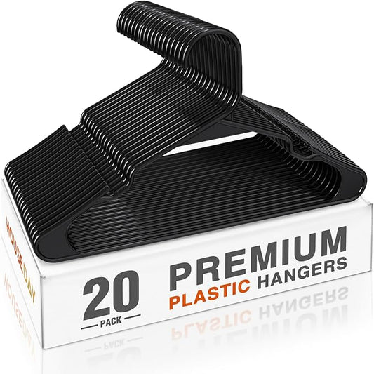 HOUSE DAY Plastic Hangers 20 Pack - Black Clothes Hangers with Non-Slip Shoulder Grooves, Durable and Sturdy T-Shirt, Dress, Coat Hanger, Space Saving Design Perfect for Closet Organizers and Storage