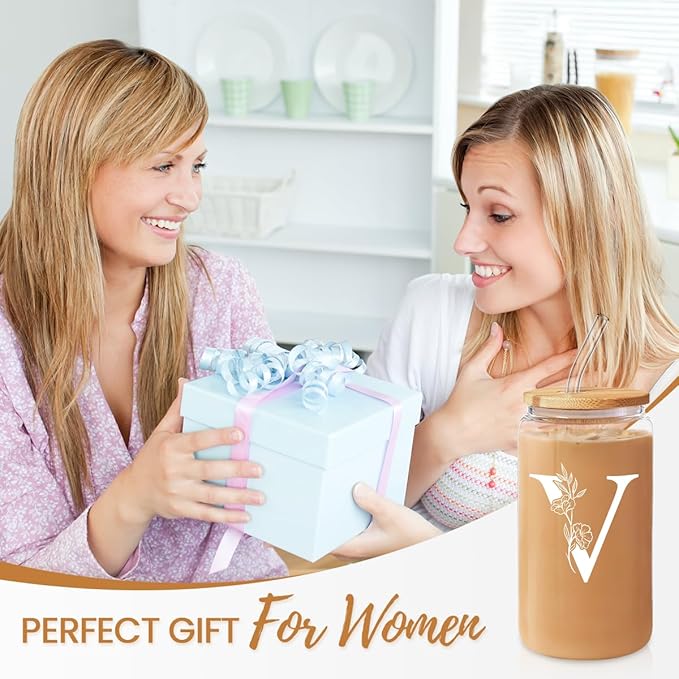 SANDJEST Monogrammed Gifts for Women - Monogram V Initial Glass Cup 16 Oz Can Coffee Cups with Lid and Straw - Monogram Initials Gifts for Womens on Birthday