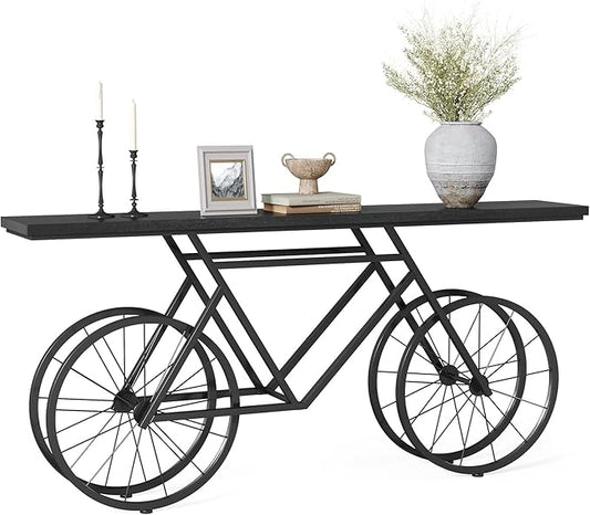 LITTLE TREE Narrow Sofa Table, 70.9-Inch Extra Long Console Table for Living Room, Entryway, with Unique Bicycle Metal Base. Black
