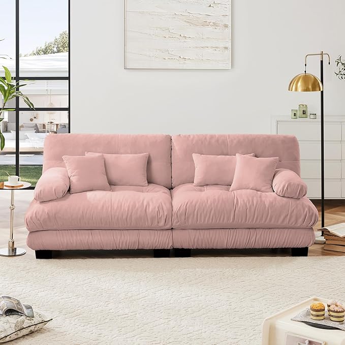 94.4” Loveseat Sofa, 2 Seater Modular Sectional Sofa, Pink Large Sectional Fluffy Couch Set, Chenille Cloud Couch with 4 Pillows, Deep Seat Sofas for Living Room