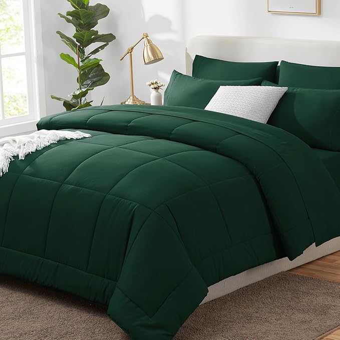 CozyLux Queen Comforter Set Emerald Green, 7 Pieces Bed in a Bag, Green Comforter Queen Size, All Season Bedding Sets with Stitch Quilted Comforter, Flat Sheet, Fitted Sheet, Pillowcases