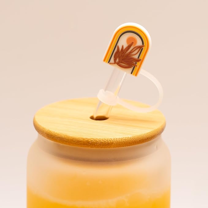 Boho Gifts for Women - Cute Design Glass Cup with Lid and Straw, Customized Stopper and Insulated Cup Sleeve for Iced Coffee and Smoothies. Giftable Unique Tumbler Cups for Women