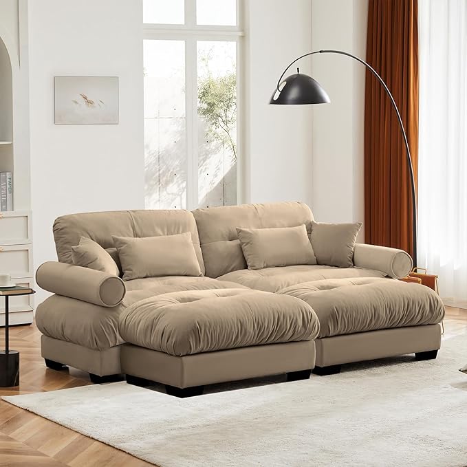 93.7" Loveseat Sofa, 2 Seater Modular Sectional Sofa, Camel Large U Shaped Sectional Couches for Living Room, Fluffy Couch, Love Seat, Velvet Cloud Couch with Ottoman, Deep Seat Sofas for Living Home