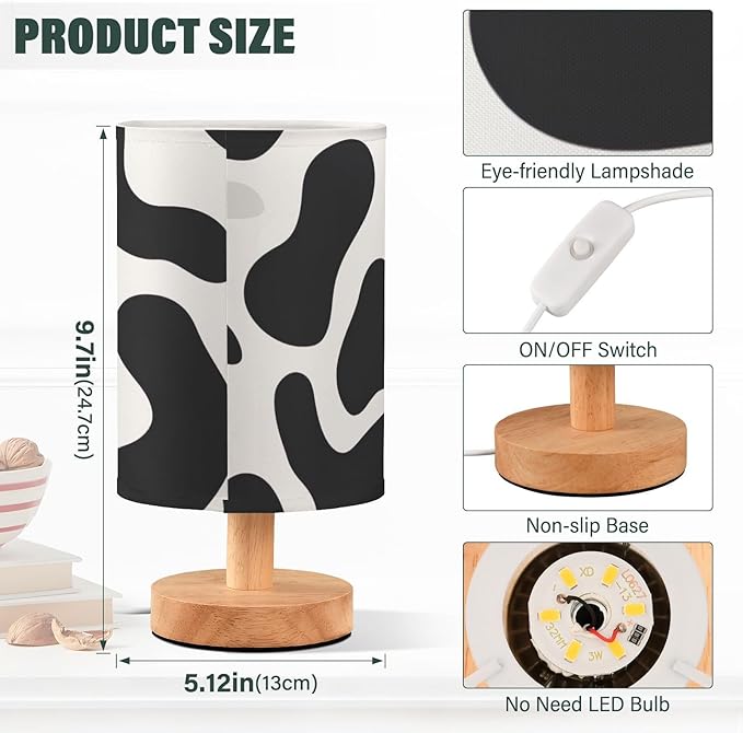 Bedside Lamp Black White Cow Print Table Lamp with USB Port Wood Base for Living Room,Bedroom,Nightstand,Office 202a3295