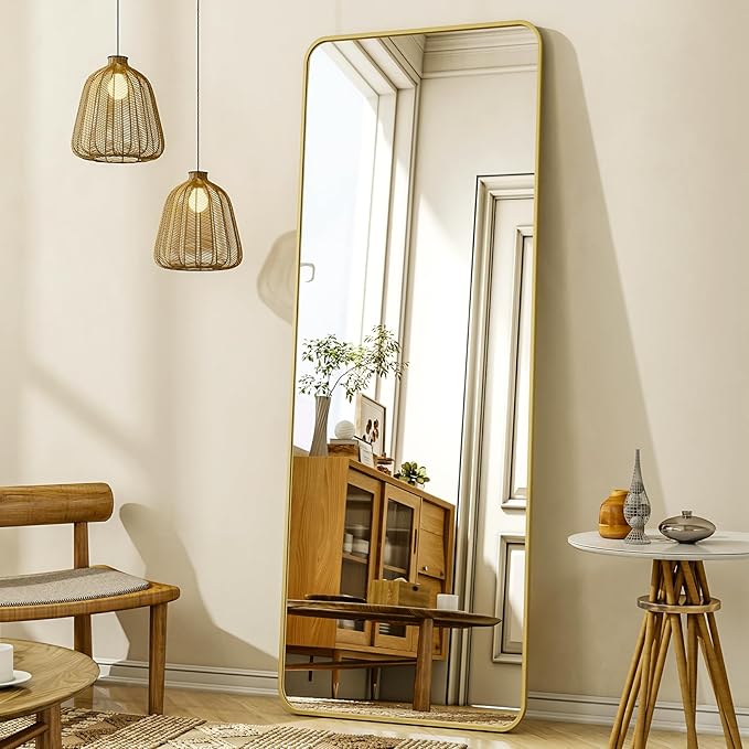 56"x21" Floor Full Length Mirror Standing Full Body Rounded Corner Rectangle Mirrors with Stand Hanging Wall Mounted Leaning Bedroom Living Room Bedroom Cloakroom,Gold