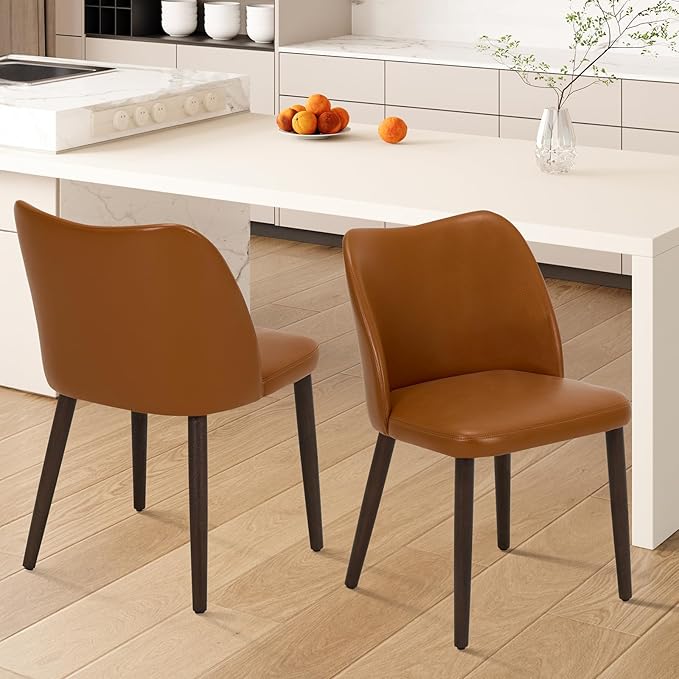 Wooden Dining Chairs Set of 2, Upholstered Kitchen Dining Room Chair, Modern Faux Leather Farmhouse Dinner Chair for Restaurant & Cafe, Light Brown