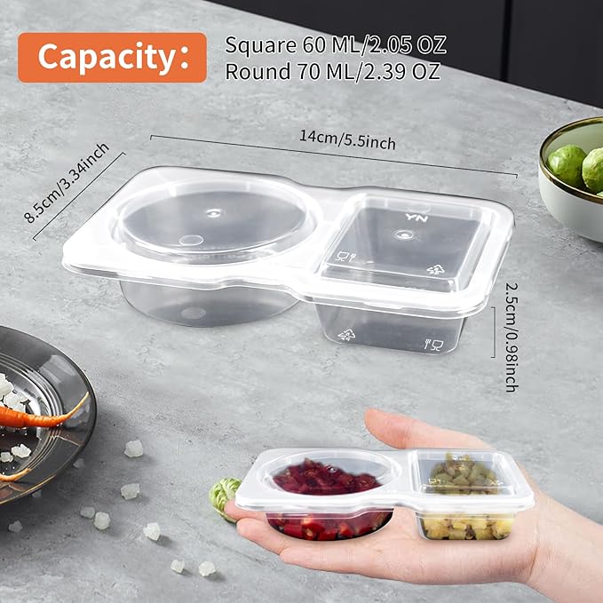 20 Pcs Double Compartment Condiment Container, Reusable Snack Containers, Condiment Containers with Lids, Sauce Containers for Snacks, Dips, Takeout, Travel and Outdoor Camping