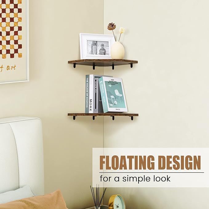 Fun Memories Corner Shelf Wall Mount, Floating Corner Shelves, Set of 2 Corner Wall Shelf Organizer, Rustic Wood Wall Storage Display Shelves for Living Room Bedroom Bathroom Kitchen, Rustic Brown