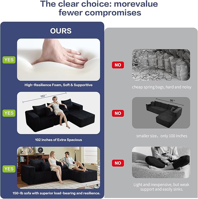 102" Cloud Couch for Living Room,Boneless Couch with Oversized Chaise,Deep Seat Sofa with 5-Pillows for Bedroom,Corduroy Sofa in A Box,Black