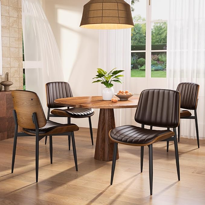 Dining Chairs Set of 8, Mid Century Modern Dining Room Kitchen Chairs, Upholstered PU Leather Vertical Stripe Chairs for Vanity with Walnut Bentwood and Metal Legs, Brown