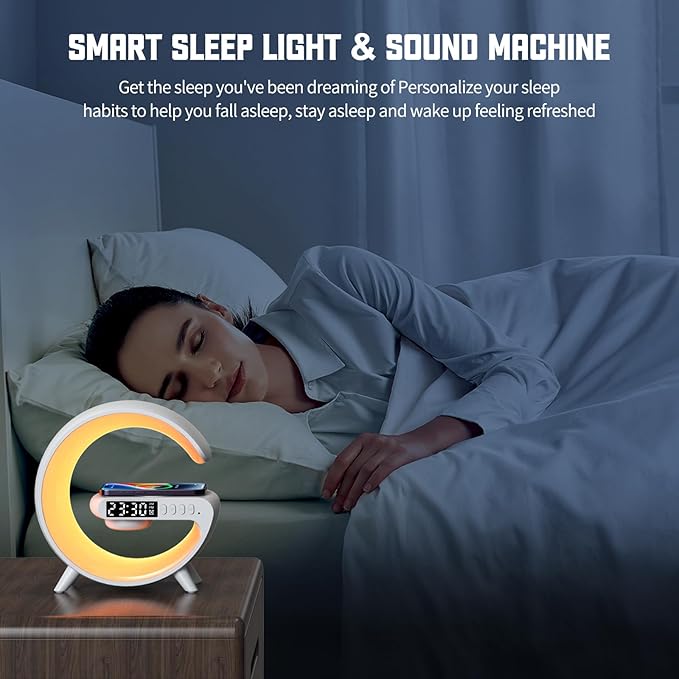 Smart LED Table Lamp, 4-in-1 Wireless Charger Smart Atmosphere Lamp, Night Light, Bluetooth Speaker & Alarm Clock for Bedroom, Office, and Home Decor (Black)