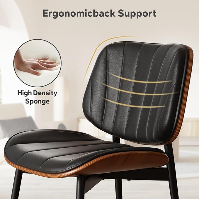 Mid Century Modern Dining Chairs Set of 8, Upholstered Faux Leather Kitchen Dining Room Living Room Chairs, Walnut Wood Bentwood Back and Metal Legs, Black