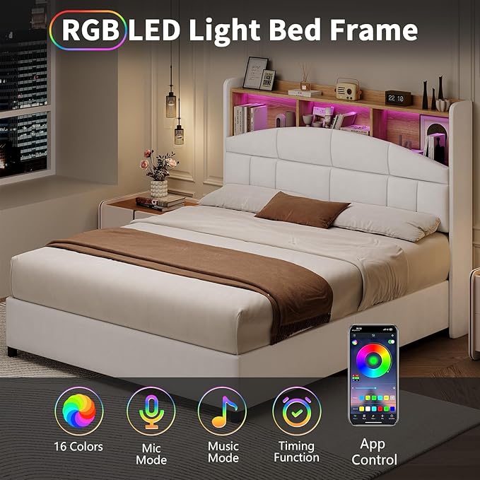 Full Size Bed Frame with Headboard, Velvet Upholstered Bed Frame with LED Lights, Full Size Platform Bed with Wooden Slats Support, No Box Spring Needed, No Noise, Beige