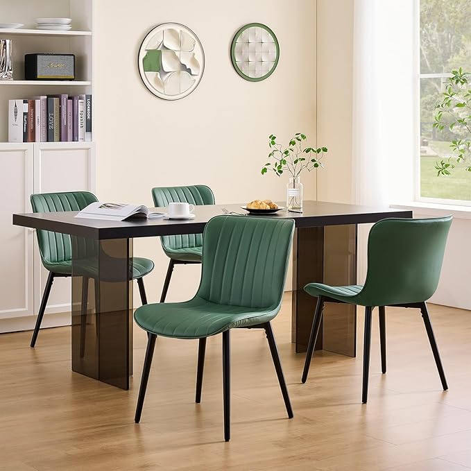 Modern Dining Chairs Set, Heavy Duty Upholstered Side Chairs with Faux Leather, Comfortable Cushions & Durable Metal Legs with Adjustable Feet, Perfect for Kitchen, Dining Room (Green, Set of 2)