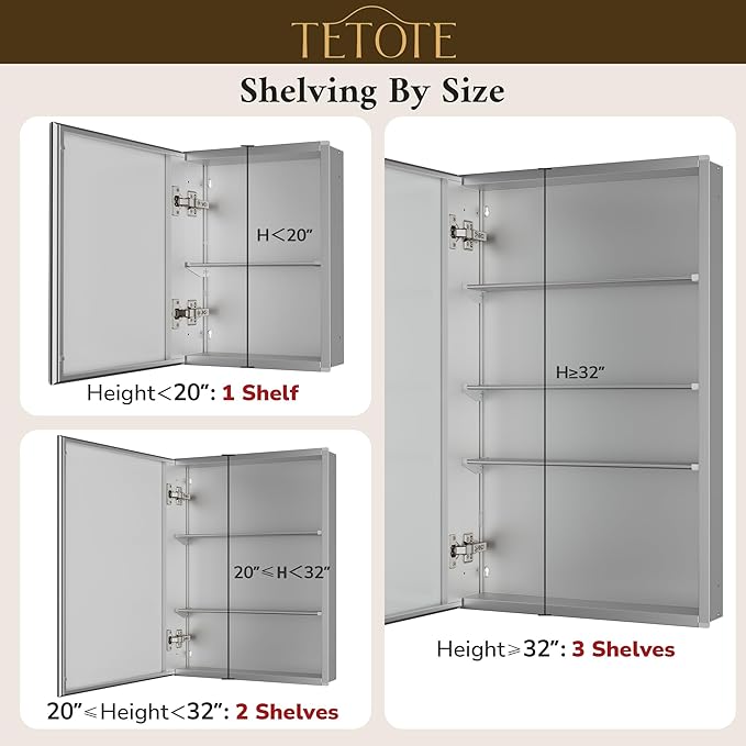 TETOTE 48 x 32 Medicine Cabinet with Tempered Beveled Mirror Silver Vanity Mirror with Storage Aluminum Cabinet DTC Hinges, Stepless Adjustable Shelves, Recessed/Surface-Mounted