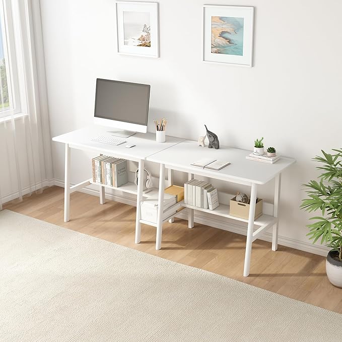 2-Person Writing Desk with Bookshelf - 110" Wooden Extra Long Home Office Work Table, Double Study Computer Workstation with Storage Shelves in White, 110" W x 24" D