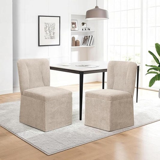 Modern Dining Chairs Set of 2, Upholstered Kitchen Table Chairs, Linen Dining Room Chairs with Metal Frame, Khaki