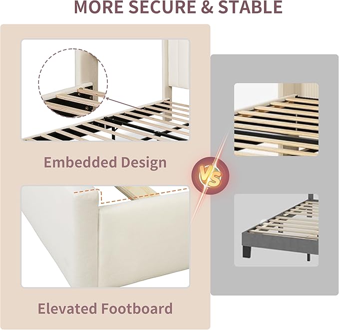 Twin Size Upholstered Platform Bed Frame with Modern Wingback & Vertical Panel Headboard, Velvet Fabric, Wooden Legs & Slats Support, No Box Spring Needed, Noise-Free & Easy Assembly, Cream