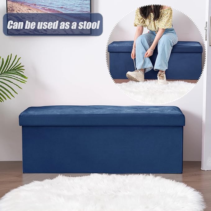 BRIAN & DANY 43 Inches Ottoman with Storage, Velvet Storage Ottoman Bench, End of Bed Benches, Folding Ottomans for Bedroom, Living Room and Entryway (Blue)