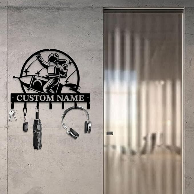 Personalized Custom Astronaut UFO Metal Wall Keys Hooks,Clothes Hooks Astronaut Art coat racks,door holder,Black Astronaut decorations for home,Entrance doors,Hallway, Bedroom,Keys,Hats (Style D)