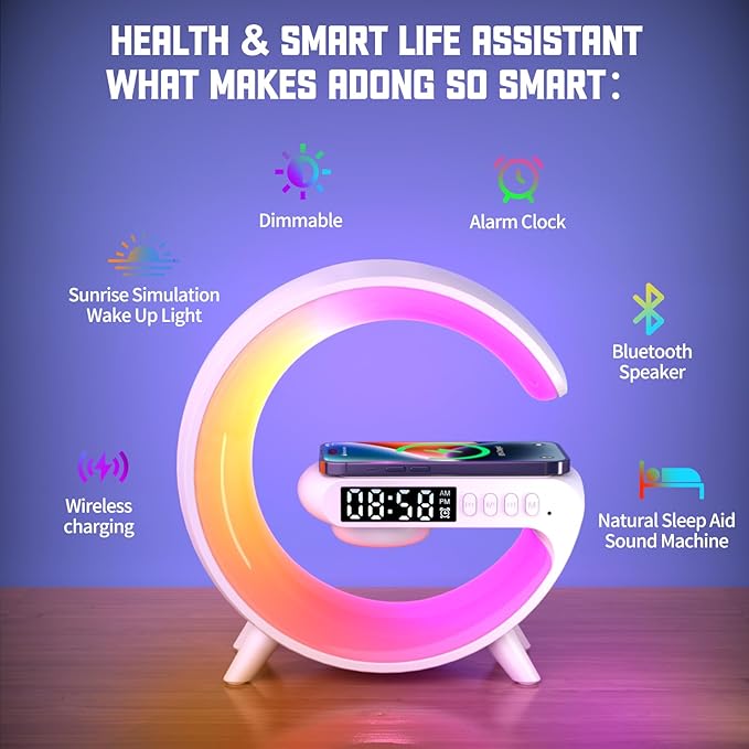 Smart LED Table Lamp, 4-in-1 Wireless Charger Smart Atmosphere Lamp, Night Light, Bluetooth Speaker & Alarm Clock for Bedroom, Office, and Home Decor (Black)
