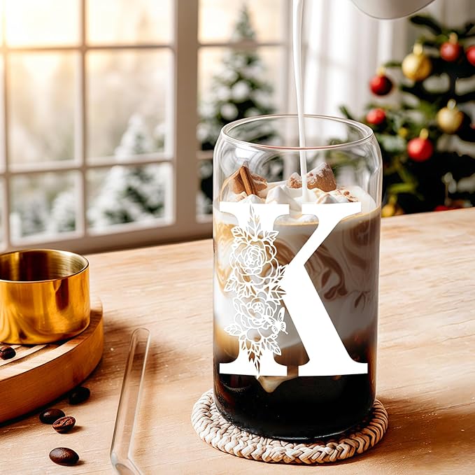 Gifts for Women Birthday Christmas Decorations：Initial Glass Cup as Office Graduation Memorial Personalized Gifts - for Mom Teens Wife Girlfriend Sister Daughter Gifts - K Aesthetic Cup