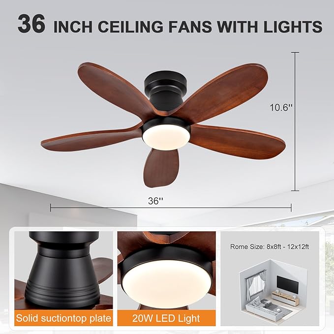36 Inch Flush Mount Ceiling Fans with Lights and Remote, Dimmable, Wall Switch, 5 Blades Wood Ceiling Fan with Light, Low Profile Outdoor Indoor Modern Ceiling Fan for Bedroom Patio (Black Walnut)