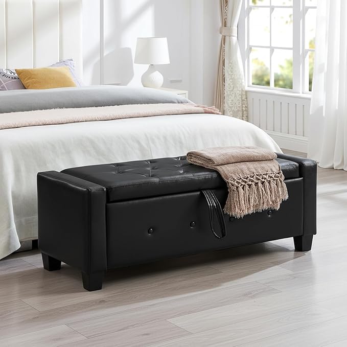 48" Faux Leather Ottoman with Storage, Tufted Storage Ottoman Bench with Safety Hinge, Rectangular Extra Long Bench for Bedroom, Living Room, Entryway and Window, Black
