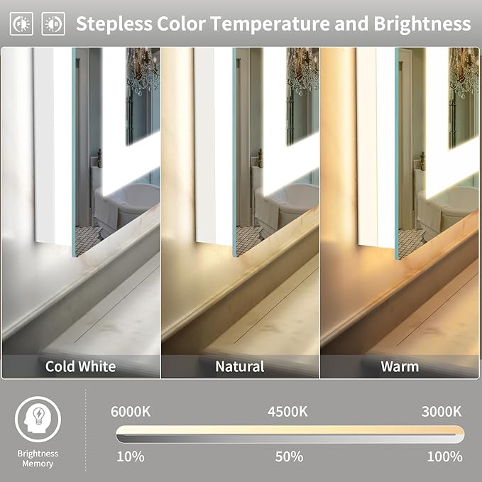 LED Mirror for Bathroom, 44x36 Inch Backlit + Front Lighted Bathroom Vanity Mirror with Lights for Wall, Double Light Strips, 3 Colors, Shatter-Proof, Anti-Fog and Brightness Memory