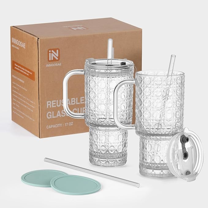 17oz Water Glass Tumbler with Handle & Lid Coasters, Reusable Iced Coffee Cups with Straws – Set of 2, Glass Cups for Smoothies, Juice, Coffee, Tea