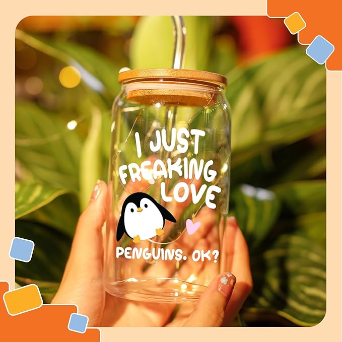 NewEleven Penguin Christmas Gifts For Women - Penguin Stuff For Pengy Lovers - Cute Funny Christmas Gift, Gift For Women, Best Friend, Sister, Daughter, Coworker - 16 Oz Coffee Glass