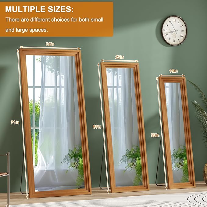 Full Length Mirror,65x22 Inch Full Length Mirror Wall Mounted,Vertical Hanging,Leaning Standing for Bedroom,Living Room,Rectangular Wooden Frame,Walnut Color.