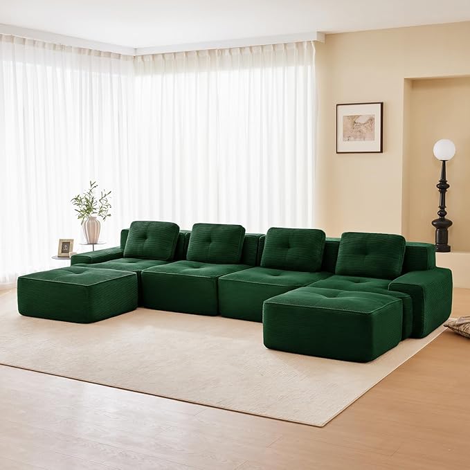 150" Modern Corduroy Cloud Sofa with Ottoman, U Shaped Boneless Modular Large Sectional Couches for Living Room, Green 4 Seater Compressed Memory Foam Couch, Extra Deep Seat, No Assembly