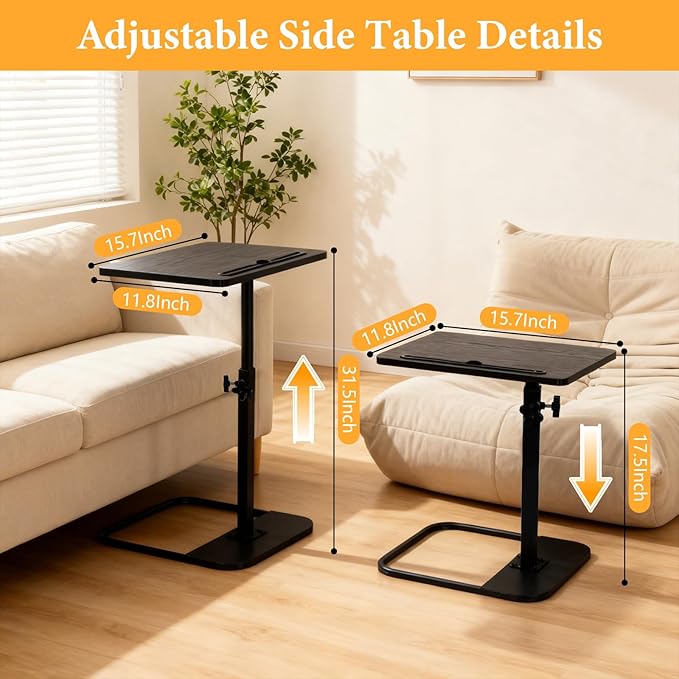 jessie Tv Tray Table, Adjustable Tray Table for Couch 360° Swivel C Shaped End Table with Phone Tablet Slot for Living Room, Sofa, Bedside, Bathroom (Black)
