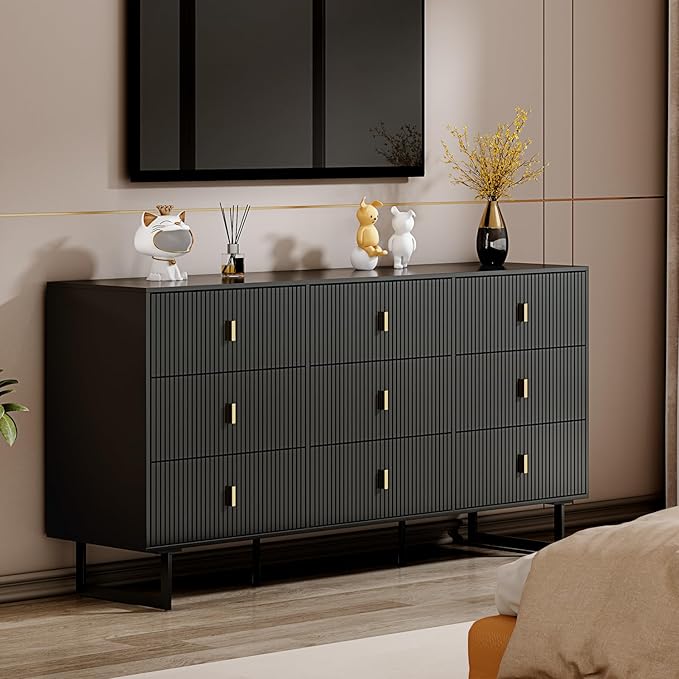 Modern Chest of Drawers with 9 Drawers,Deep Drawers,Clothes Organizer,Large Storage Cabinet for Living Room, Bedroom,Hallway,with Anti-Tipping Device,Matte Black