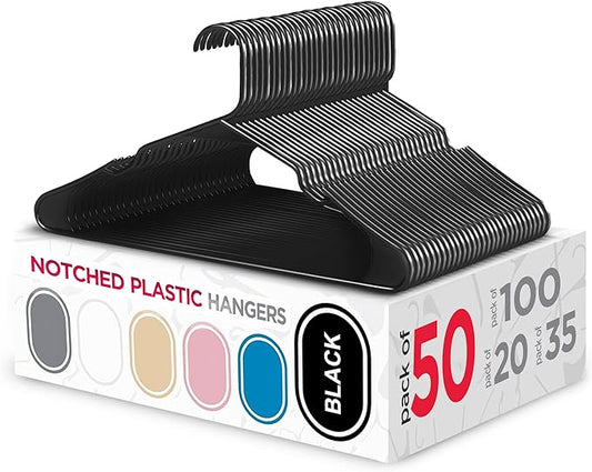 Sharpty Plastic Hangers Clothes Hangers for Clothing, Closet, Coats & Shirts - Notched, Durable, Thick, Tough & Space Saving - for Everyday Standard Use, Room Essentials & Basics - 50 Pack - Black