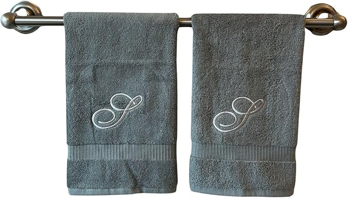Gray Monogrammed Hand Towels for Bathroom - Luxury Hotel Quality Personalized Initial Embroidered Towel for Powder Room, Spa - GOTS Organic Certified - Set of 2 Silver Letter S