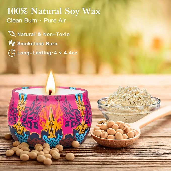 Holiday Candle Gift Set, 4 Pack Long Lasting Classic Bohemian Scented Soy Wax Candles with Fig, Lemon, Spring & Lavender Scents, Aromatherapy Candles for Home, Christmas Gifts for Everyone