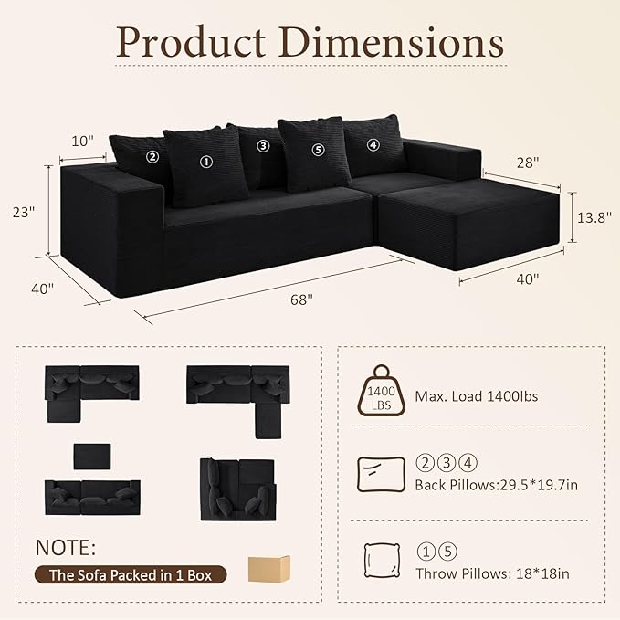INGEROOM 108" Cloud Sectional Couch with L-Shape Chaise, Modular Sofa Memory Foam, Boneless Sofa with Movable Ottoman, Plush Corduroy Memory Foam Couch for Living Room, No Assembly, Black