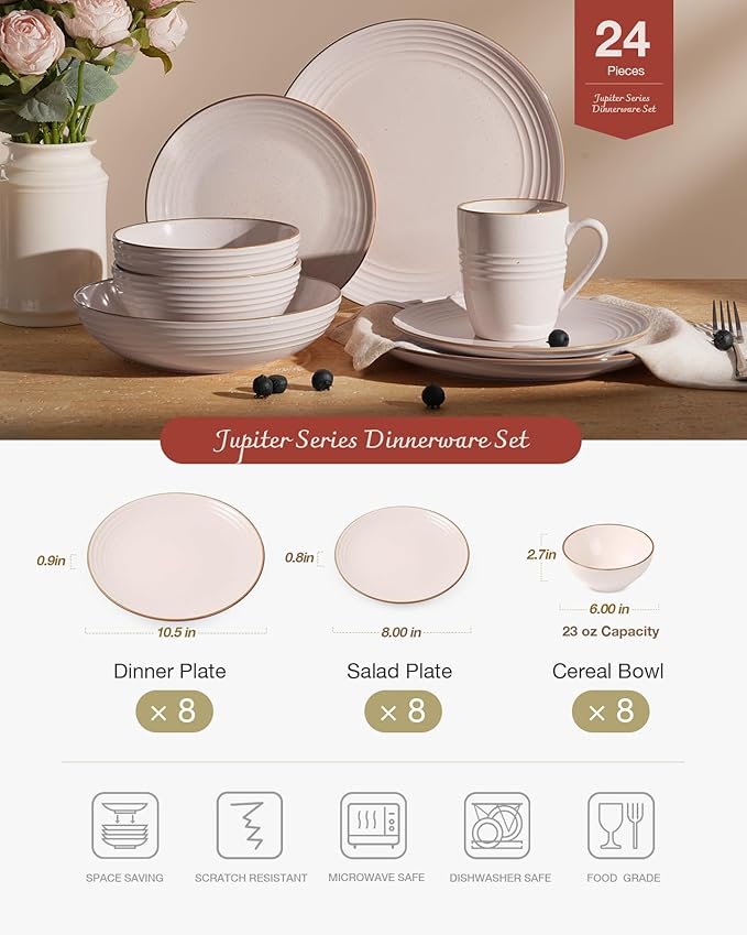 Famiware Jupiter Dinnerware Set, Plates and Bowls Dish Sets for 8 (24 Pieces), Microwave and Dishwasher Safe Stoneware Speckled Tableware, Chip and Scratch Resistant, Light Pink