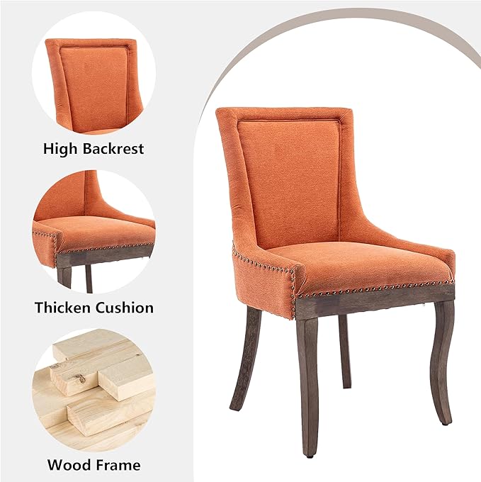 Farmhouse Dining Chairs Set of 2, Upholstered Fabric Dining Room Accent Chairs with Wood Legs & Bronze Nailhead, High Wingback Kitchen Chairs for Living Room Hotel Apartment, Orange