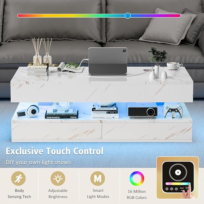 LED Coffee Table, 47.2" Coffee Tables with Storage Drawers, Smart Living Room Table with Wireless Charging & Bluetooth Speaker,Modern Center Tables for Living Room, White Marble