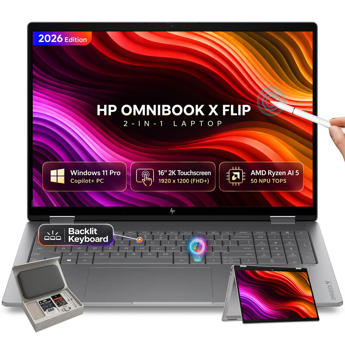 HP OmniBook X Flip Laptop 2-in-1, 16" 2K OLED Touchscreen, Ryzen AI 5 430
